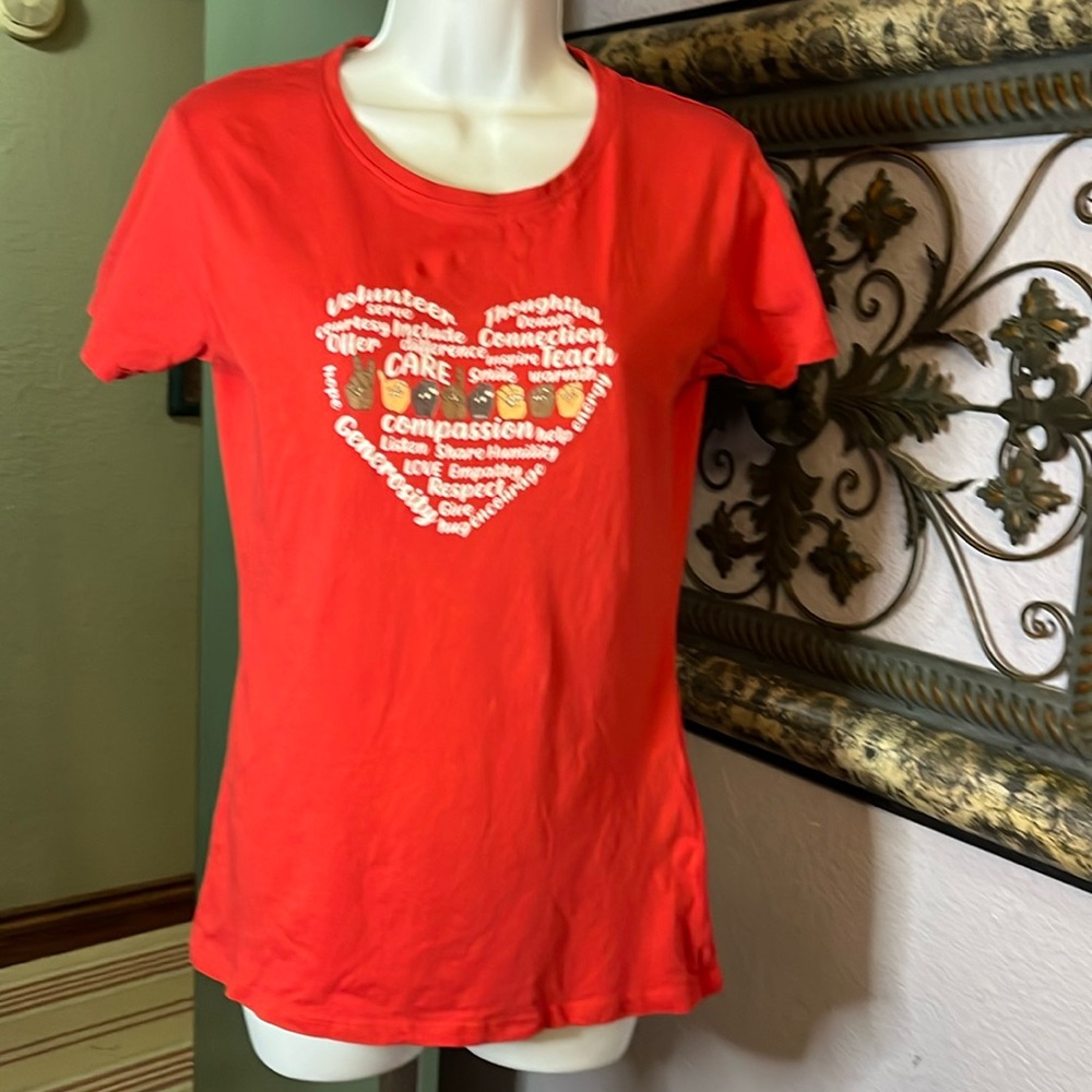 Premium Women Teacher Tee SS-“volunteer care…Sz S red - sign language